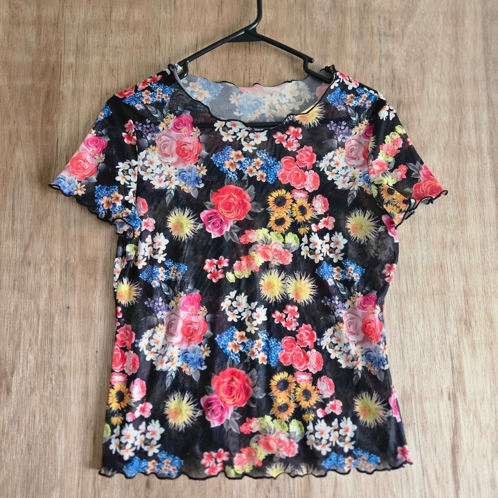 Floral Mesh Fairygoth Short Sleeve Top Black Multi Lettuce Edge Y2K Size Large
